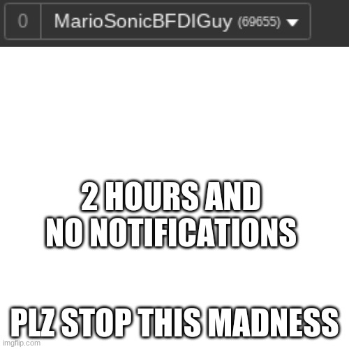 It Has Been 2 Hours! | 2 HOURS AND NO NOTIFICATIONS; PLZ STOP THIS MADNESS | image tagged in memes,blank transparent square,2 hours,stop this madness,notifications | made w/ Imgflip meme maker