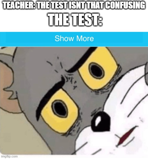 Show more on top of the page | TEACHER: THE TEST ISNT THAT CONFUSING; THE TEST: | image tagged in shocked tom,the test isnt that confusing | made w/ Imgflip meme maker