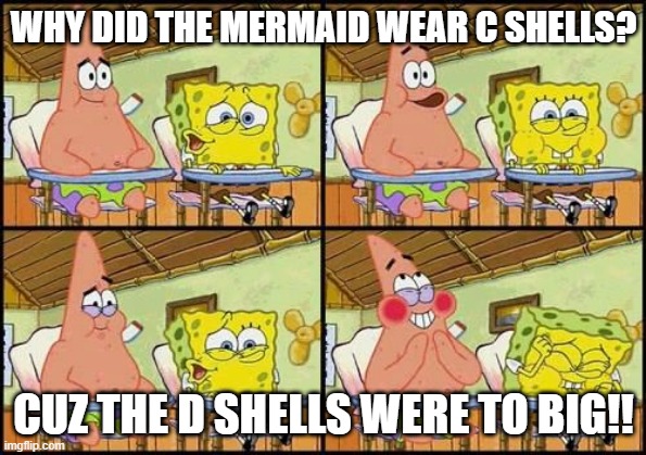spongebob patrick | WHY DID THE MERMAID WEAR C SHELLS? CUZ THE D SHELLS WERE TO BIG!! | image tagged in spongebob patrick | made w/ Imgflip meme maker