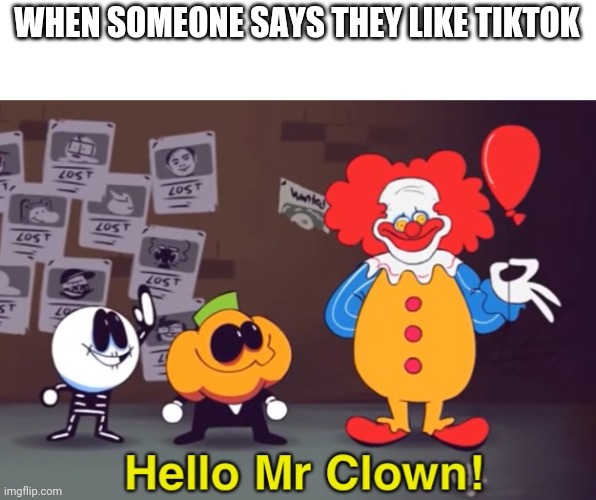 Hello Mr Clown! | WHEN SOMEONE SAYS THEY LIKE TIKTOK | image tagged in hello mr clown | made w/ Imgflip meme maker