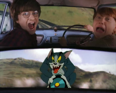 Two men in a car driving away from tom on a rocket Blank Meme Template