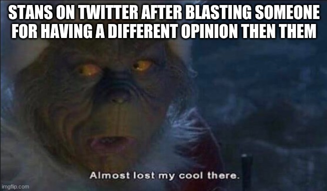 Almost Lost My Cool There | STANS ON TWITTER AFTER BLASTING SOMEONE FOR HAVING A DIFFERENT OPINION THEN THEM | image tagged in almost lost my cool there,twitter,memes | made w/ Imgflip meme maker