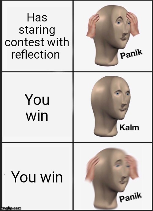 Panik Kalm Panik Meme | Has staring contest with reflection; You win; You win | image tagged in memes,panik kalm panik | made w/ Imgflip meme maker