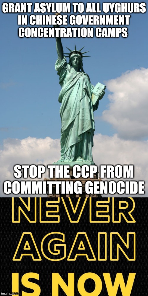Stop the genocide of the Uyghurs | GRANT ASYLUM TO ALL UYGHURS
IN CHINESE GOVERNMENT
CONCENTRATION CAMPS; STOP THE CCP FROM COMMITTING GENOCIDE | image tagged in statue of liberty,genocide,never again,islamophobia,xi jinping | made w/ Imgflip meme maker