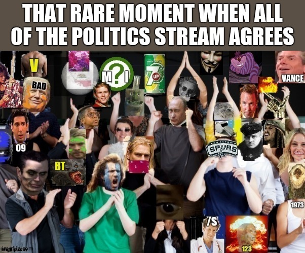 THAT RARE MOMENT WHEN ALL OF THE POLITICS STREAM AGREES | image tagged in imgflip users,meanwhile on imgflip | made w/ Imgflip meme maker
