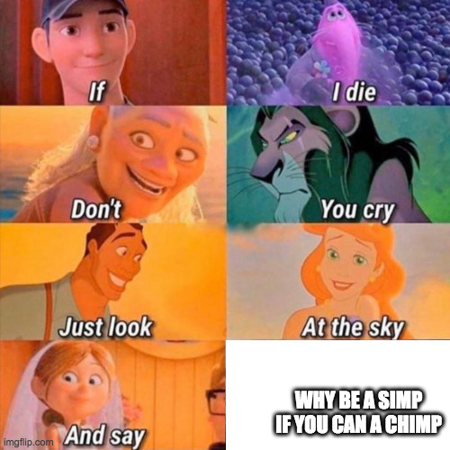if i die don't you cry | WHY BE A SIMP IF YOU CAN A CHIMP | image tagged in if i die don't you cry | made w/ Imgflip meme maker