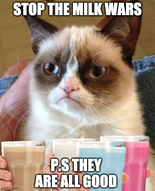 Grumpy Cat Meme | STOP THE MILK WARS; P.S THEY ARE ALL GOOD | image tagged in memes,grumpy cat | made w/ Imgflip meme maker