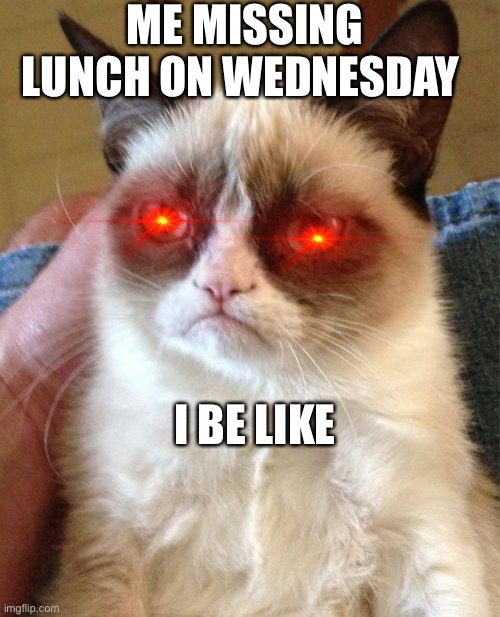 Missing lunch | ME MISSING LUNCH ON WEDNESDAY; I BE LIKE | image tagged in memes,grumpy cat | made w/ Imgflip meme maker