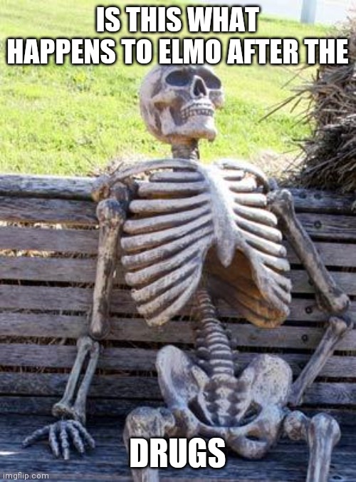 Waiting Skeleton Meme | IS THIS WHAT HAPPEND TO ELMO AFTER THE; DRUGS | image tagged in memes,waiting skeleton | made w/ Imgflip meme maker