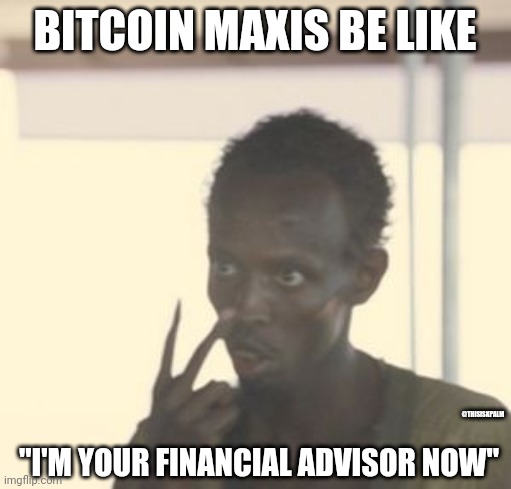 BITCOIN MAXIS BE LIKE | BITCOIN MAXIS BE LIKE; @THISISKPALM; "I'M YOUR FINANCIAL ADVISOR NOW" | image tagged in btc,bitcoin | made w/ Imgflip meme maker