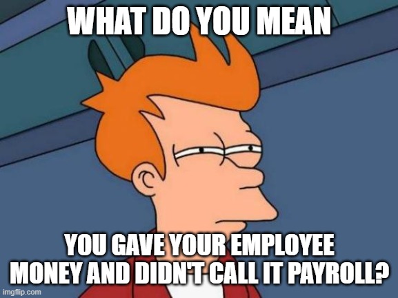 What do you mean you gave your employee money and didn't call it payroll? | WHAT DO YOU MEAN; YOU GAVE YOUR EMPLOYEE MONEY AND DIDN'T CALL IT PAYROLL? | image tagged in memes,futurama fry | made w/ Imgflip meme maker