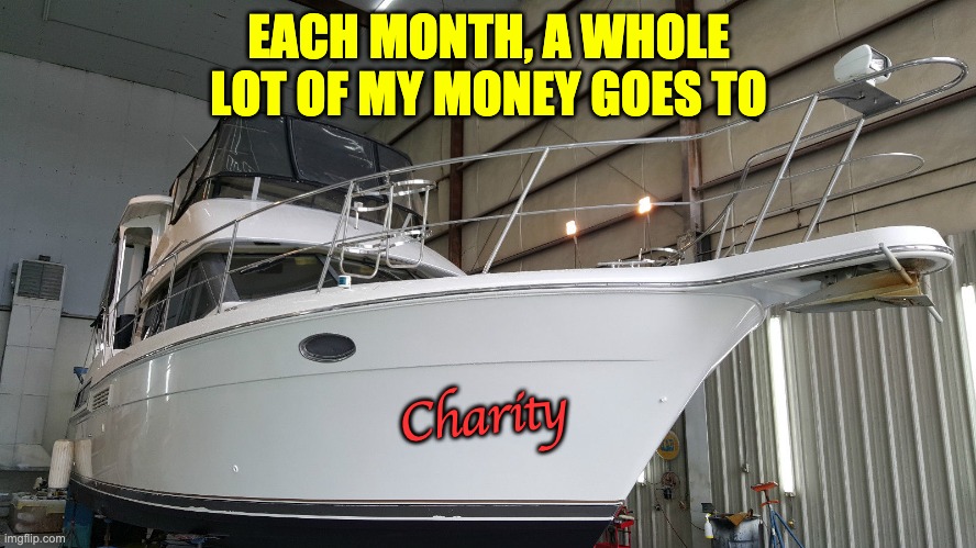 Money to charity | EACH MONTH, A WHOLE LOT OF MY MONEY GOES TO; Charity | image tagged in puns | made w/ Imgflip meme maker