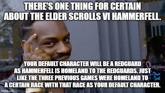 I hope it'll be good | THERE'S ONE THING FOR CERTAIN ABOUT THE ELDER SCROLLS VI HAMMERFELL. YOUR DEFAULT CHARACTER WILL BE A REDGUARD AS HAMMERFELL IS HOMELAND TO THE REDGUARDS. JUST LIKE THE THREE PREVIOUS GAMES WERE HOMELAND TO A CERTAIN RACE WITH THAT RACE AS YOUR DEFAULT CHARACTER. | image tagged in memes,roll safe think about it,the elder scrolls,skyrim,oblivion | made w/ Imgflip meme maker