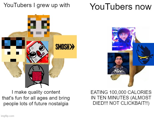 Buff Doge vs. Cheems | YouTubers I grew up with; YouTubers now; I make quality content that's fun for all ages and bring people lots of future nostalgia; EATING 100,000 CALORIES IN TEN MINUTES (ALMOST DIED!!! NOT CLICKBAIT!!) | image tagged in memes,buff doge vs cheems | made w/ Imgflip meme maker