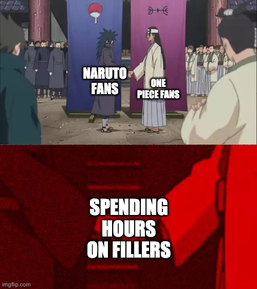 Fillers | ONE PIECE FANS; NARUTO FANS; SPENDING HOURS ON FILLERS | image tagged in naruto handshake meme template | made w/ Imgflip meme maker