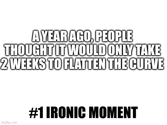 :S | A YEAR AGO, PEOPLE THOUGHT IT WOULD ONLY TAKE 2 WEEKS TO FLATTEN THE CURVE; #1 IRONIC MOMENT | image tagged in blank white template,two weeks to flatten the curve,number 1 ironic moment | made w/ Imgflip meme maker