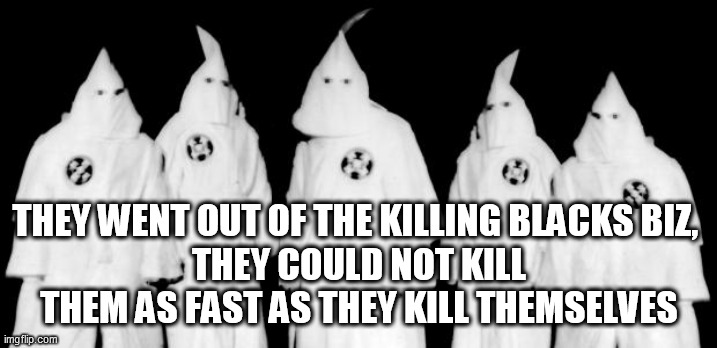 kkk | THEY WENT OUT OF THE KILLING BLACKS BIZ, 
THEY COULD NOT KILL THEM AS FAST AS THEY KILL THEMSELVES | image tagged in kkk | made w/ Imgflip meme maker