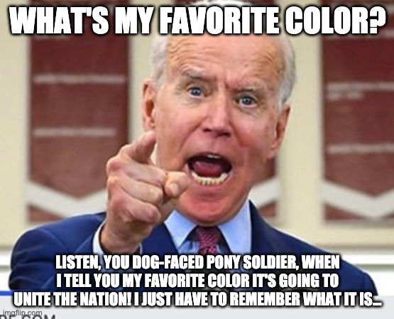 My prediction for the presser tomorrow. Softball questions. Nonsensical answers. | WHAT'S MY FAVORITE COLOR? LISTEN, YOU DOG-FACED PONY SOLDIER, WHEN I TELL YOU MY FAVORITE COLOR IT'S GOING TO UNITE THE NATION! I JUST HAVE TO REMEMBER WHAT IT IS... | image tagged in politics,biden sucks,press conference,biden is a pos | made w/ Imgflip meme maker