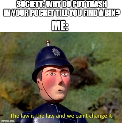 The law is the law and we can't change it | SOCIETY: WHY DO PUT TRASH IN YOUR POCKET TILL YOU FIND A BIN? ME: | image tagged in the law is the law and we can't change it | made w/ Imgflip meme maker