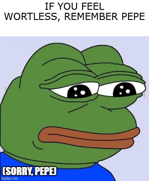 He was nice, but now he's a dead meme. | IF YOU FEEL WORTLESS, REMEMBER PEPE; (SORRY, PEPE) | image tagged in pepe sad frog,memes,waardeloos,pepe de kikker,grappig,onthouden | made w/ Imgflip meme maker