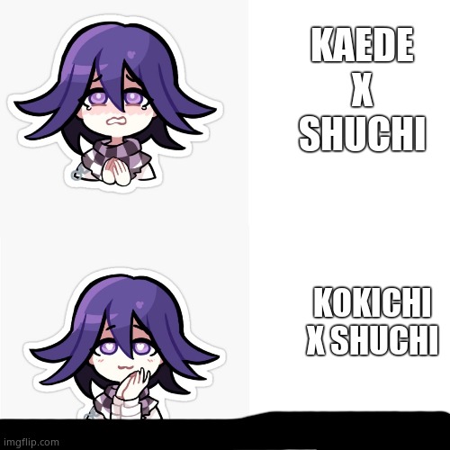 Kokichi drake template | KAEDE X SHUCHI; KOKICHI X SHUCHI | image tagged in kokichi drake template | made w/ Imgflip meme maker