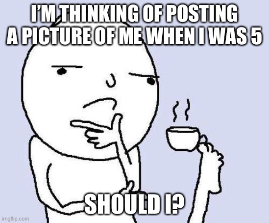 thinking meme | I’M THINKING OF POSTING A PICTURE OF ME WHEN I WAS 5; SHOULD I? | image tagged in thinking meme | made w/ Imgflip meme maker