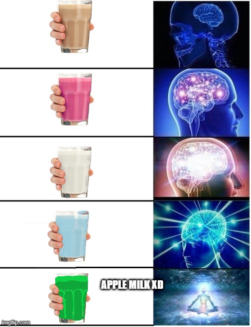 just saw all the milks :) | APPLE MILK XD | image tagged in expanding brain 5 panel | made w/ Imgflip meme maker