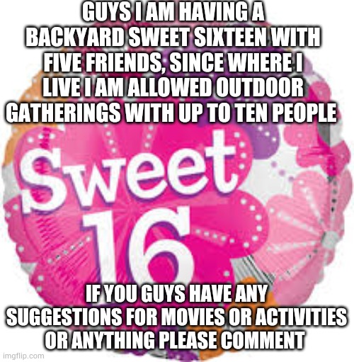 Sweet Sixteen | GUYS I AM HAVING A BACKYARD SWEET SIXTEEN WITH FIVE FRIENDS, SINCE WHERE I LIVE I AM ALLOWED OUTDOOR GATHERINGS WITH UP TO TEN PEOPLE; IF YOU GUYS HAVE ANY SUGGESTIONS FOR MOVIES OR ACTIVITIES OR ANYTHING PLEASE COMMENT | image tagged in sweet sixteen | made w/ Imgflip meme maker