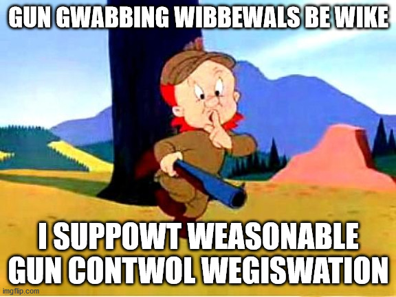 Elmer Fudd | GUN GWABBING WIBBEWALS BE WIKE; I SUPPOWT WEASONABLE GUN CONTWOL WEGISWATION | image tagged in elmer fudd | made w/ Imgflip meme maker