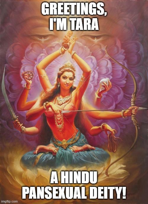 Well, To be more specific, Red Tara (She's got multiple forms) | GREETINGS,
I'M TARA; A HINDU PANSEXUAL DEITY! | image tagged in tara,hinduism,deities,pansexual,red tara | made w/ Imgflip meme maker