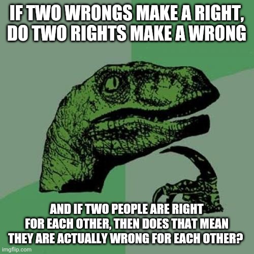 Credit goes to my little brother for this one | IF TWO WRONGS MAKE A RIGHT, DO TWO RIGHTS MAKE A WRONG; AND IF TWO PEOPLE ARE RIGHT FOR EACH OTHER, THEN DOES THAT MEAN THEY ARE ACTUALLY WRONG FOR EACH OTHER? | image tagged in memes,philosoraptor | made w/ Imgflip meme maker