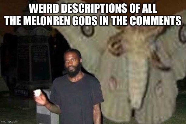 The Möth God (and human) | WEIRD DESCRIPTIONS OF ALL THE MELONREN GODS IN THE COMMENTS | image tagged in the m th god and human | made w/ Imgflip meme maker