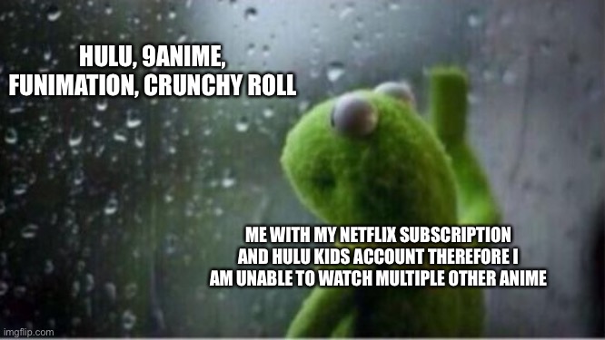 Kermit rain | HULU, 9ANIME, FUNIMATION, CRUNCHY ROLL ME WITH MY NETFLIX SUBSCRIPTION AND HULU KIDS ACCOUNT THEREFORE I AM UNABLE TO WATCH MULTIPLE OTHER A | image tagged in kermit rain | made w/ Imgflip meme maker