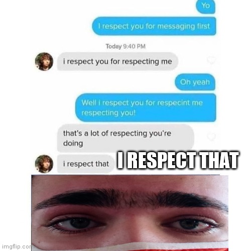 I respect that |  I RESPECT THAT | image tagged in funny,fun,memes | made w/ Imgflip meme maker