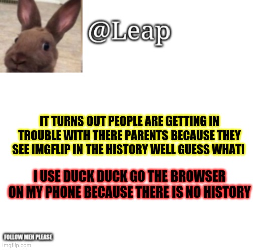 Me big brain | IT TURNS OUT PEOPLE ARE GETTING IN TROUBLE WITH THERE PARENTS BECAUSE THEY SEE IMGFLIP IN THE HISTORY WELL GUESS WHAT! I USE DUCK DUCK GO THE BROWSER ON MY PHONE BECAUSE THERE IS NO HISTORY | image tagged in leaps template | made w/ Imgflip meme maker