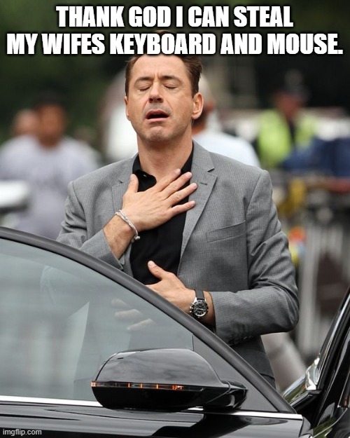Robert Downey Jr | THANK GOD I CAN STEAL MY WIFES KEYBOARD AND MOUSE. | image tagged in robert downey jr | made w/ Imgflip meme maker