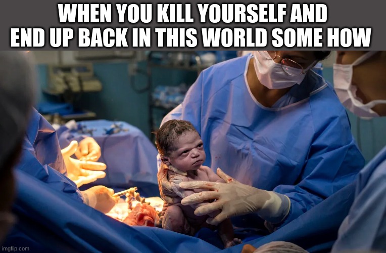 don't kill yourself. this is a joke | WHEN YOU KILL YOURSELF AND END UP BACK IN THIS WORLD SOME HOW | image tagged in funny,meme,reincarnation,mean muggin baby | made w/ Imgflip meme maker