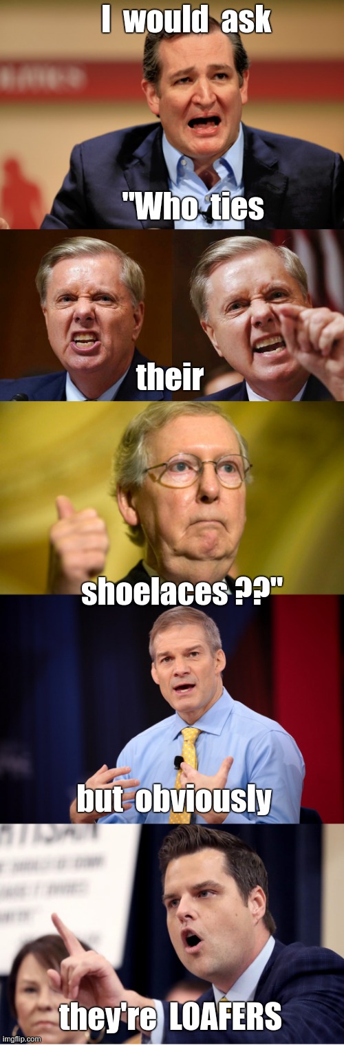 ON THE BRIGHT SIDE--THEY CAN CLAIM THE INSANITY DEFENSE | I  would  ask; "Who  ties; their
 
 
 
 
 
    shoelaces ??"; but  obviously; they're  LOAFERS | image tagged in ted cruz,jim jordan,matt gaetz,lindsey graham,rick75230 | made w/ Imgflip meme maker
