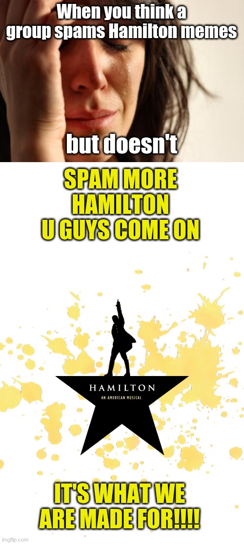 COMEONMOVEITMOVEITMOVITSPAAAAAAAAAAAAM | When you think a group spams Hamilton memes; but doesn't; SPAM MORE HAMILTON U GUYS COME ON; IT'S WHAT WE ARE MADE FOR!!!! | image tagged in memes,first world problems | made w/ Imgflip meme maker