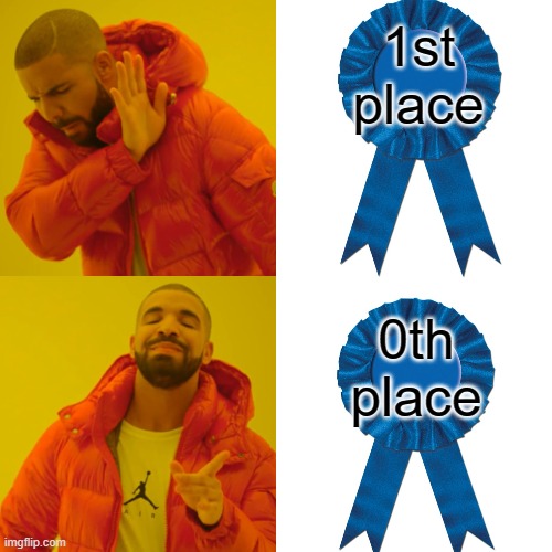 3rd, 2nd, 1st, 0th place | 1st place; 0th place | image tagged in memes,winner,drake hotline bling | made w/ Imgflip meme maker