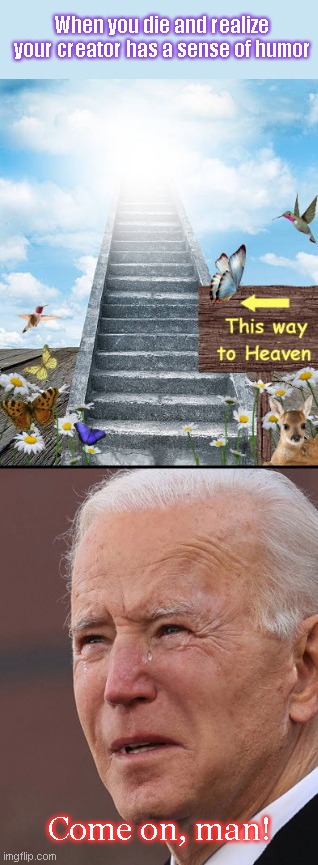 When Stumble Joe dies | When you die and realize your creator has a sense of humor; Come on, man! | image tagged in sad joe biden,stairway to heaven,biden dies,stumble joe,political humor,biden falls on way up stairs | made w/ Imgflip meme maker