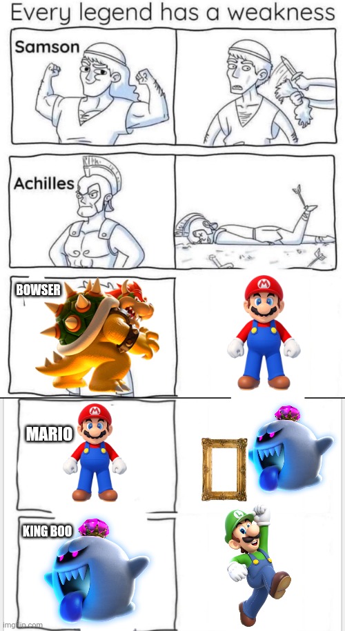 Mario legends | BOWSER; MARIO; KING BOO | image tagged in every legend has a weakness | made w/ Imgflip meme maker