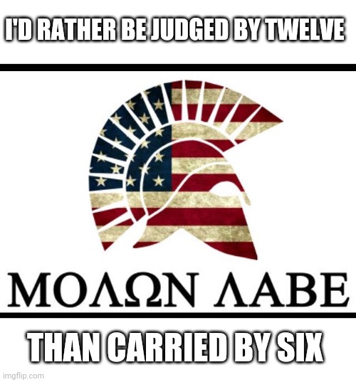Molon Labe | I'D RATHER BE JUDGED BY TWELVE; THAN CARRIED BY SIX | image tagged in molon labe | made w/ Imgflip meme maker