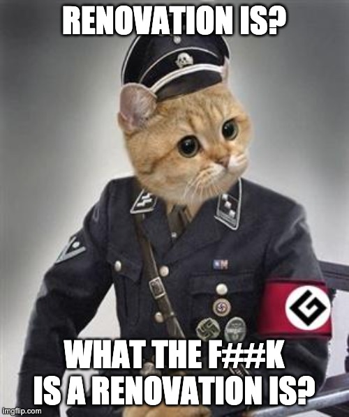 Grammar Nazi Cat | RENOVATION IS? WHAT THE F##K IS A RENOVATION IS? | image tagged in grammar nazi cat | made w/ Imgflip meme maker