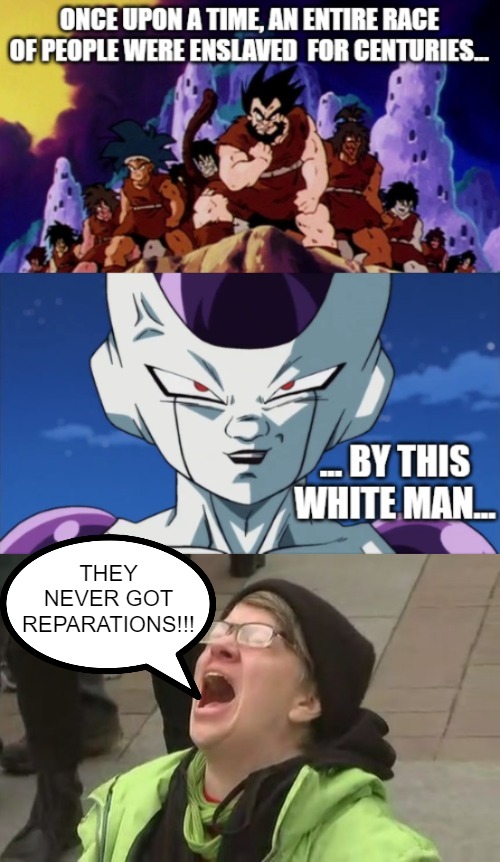 Who did it first? | THEY NEVER GOT REPARATIONS!!! | image tagged in dbz meme,social justice warrior,frieza,funny | made w/ Imgflip meme maker