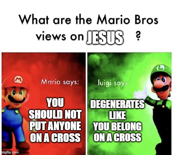 Pooooooooooooooooooooooooogers | JESUS; YOU SHOULD NOT PUT ANYONE ON A CROSS; DEGENERATES LIKE YOU BELONG ON A CROSS | image tagged in mario bros views | made w/ Imgflip meme maker