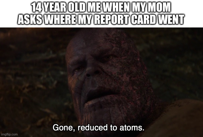 gone reduced to adams | 14 YEAR OLD ME WHEN MY MOM ASKS WHERE MY REPORT CARD WENT | image tagged in gone reduced to adams | made w/ Imgflip meme maker
