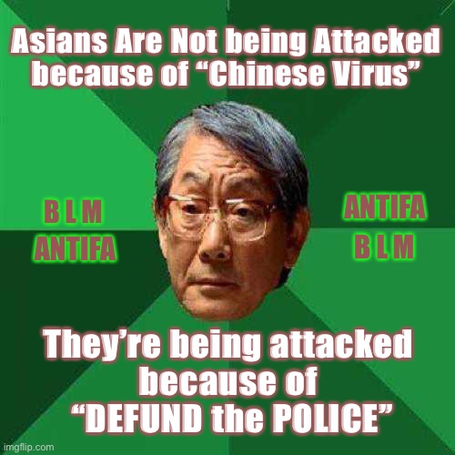 FUND the BAD GUYS      ~neverwoke~ | Asians Are Not being Attacked because of “Chinese Virus”; B L M; ANTIFA; B L M; ANTIFA; They’re being attacked 
because of 
“DEFUND the POLICE” | image tagged in another great democrat idea,biden,demonrats,brilliant leftists,screw law abiding citizens,thanks joe | made w/ Imgflip meme maker