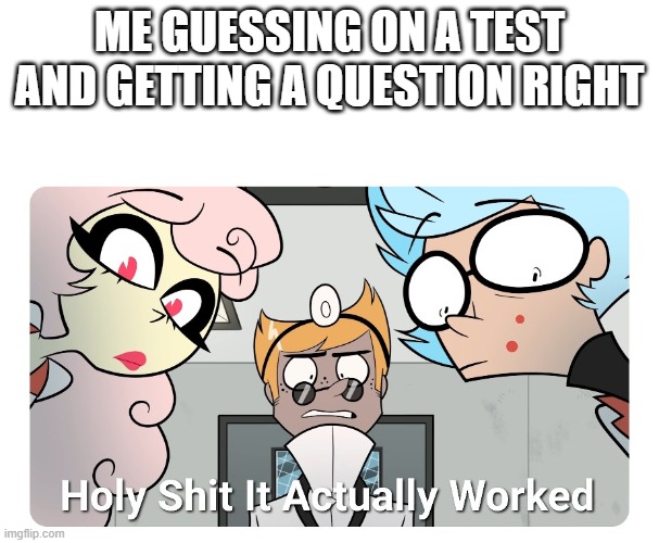 Holy shit | ME GUESSING ON A TEST AND GETTING A QUESTION RIGHT | image tagged in holy shit | made w/ Imgflip meme maker