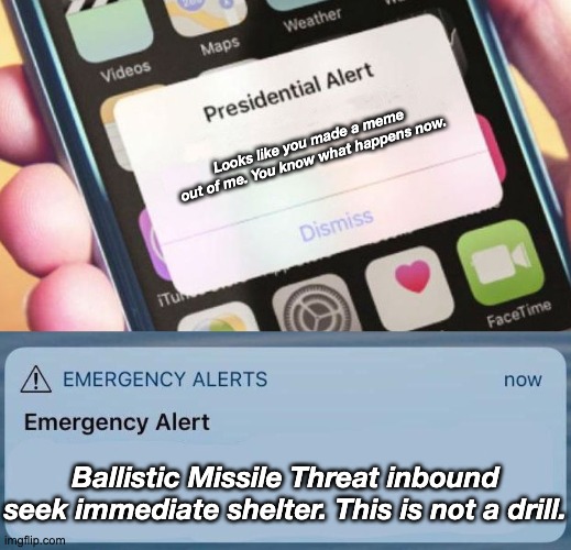 Looks like you made a meme out of me. You know what happens now. Ballistic Missile Threat inbound seek immediate shelter. This is not a dril | image tagged in memes,presidential alert,emergency alert | made w/ Imgflip meme maker